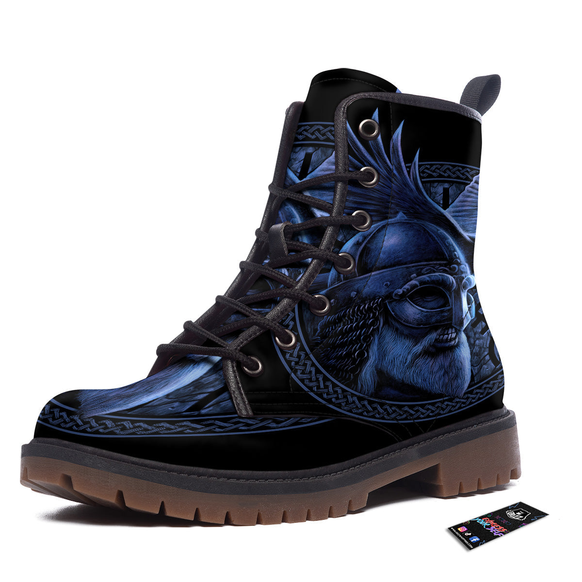 Viking God Odin And Crow Blue Print Work Boots-grizzshop