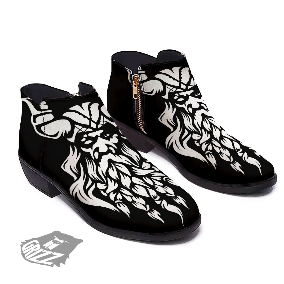 Viking God Odin White And Black Print Ankle Boots-grizzshop