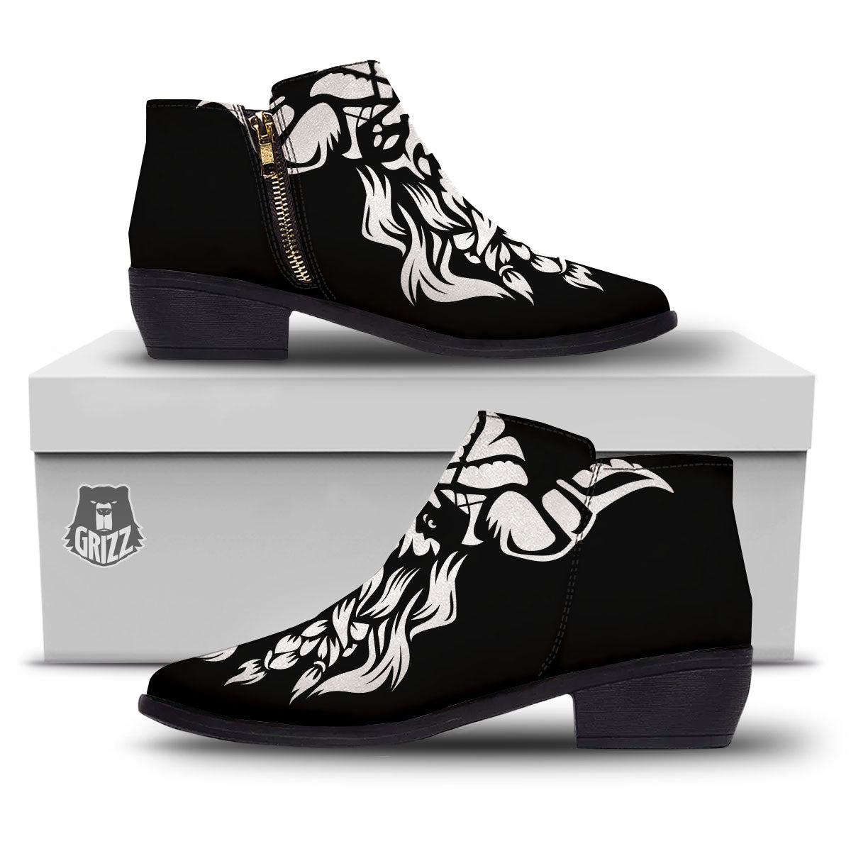 Viking God Odin White And Black Print Ankle Boots-grizzshop