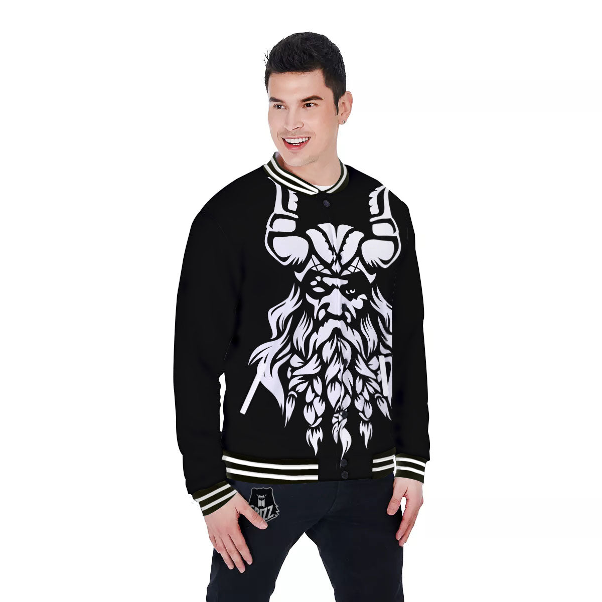 Viking God Odin White And Black Print Baseball Jacket-grizzshop