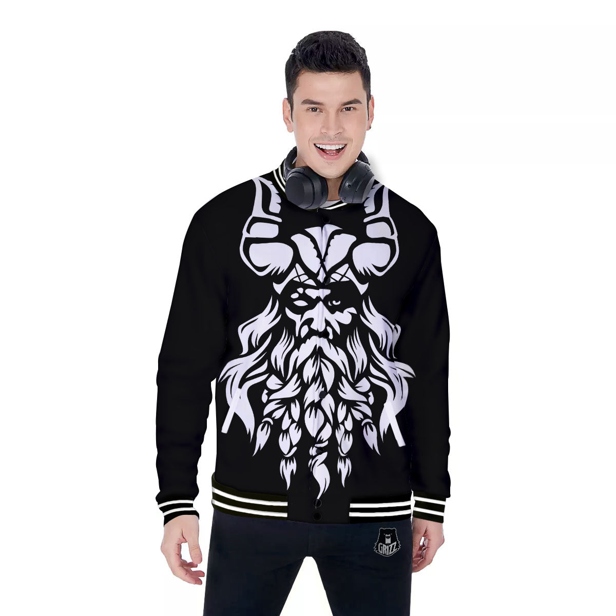 Viking God Odin White And Black Print Baseball Jacket-grizzshop