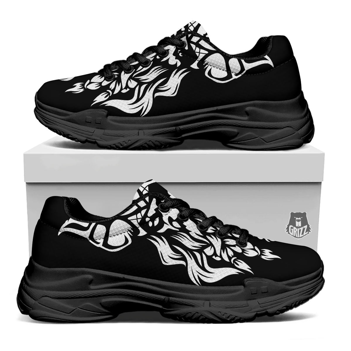Viking God Odin White And Black Print Black Chunky Shoes-grizzshop