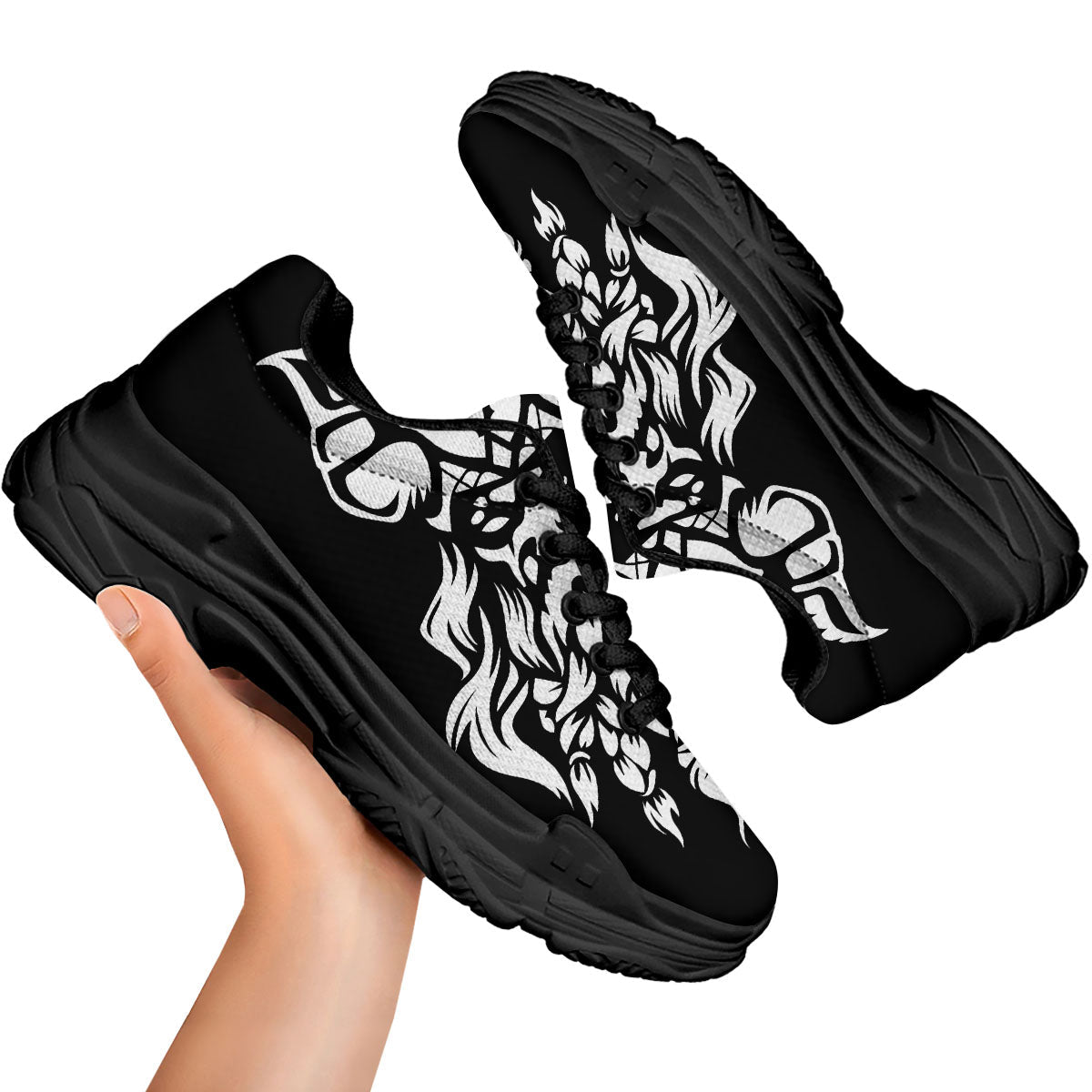 Viking God Odin White And Black Print Black Chunky Shoes-grizzshop