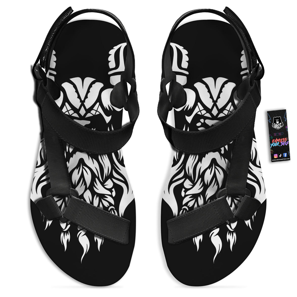 Viking God Odin White And Black Print Black Open Toe Sandals-grizzshop