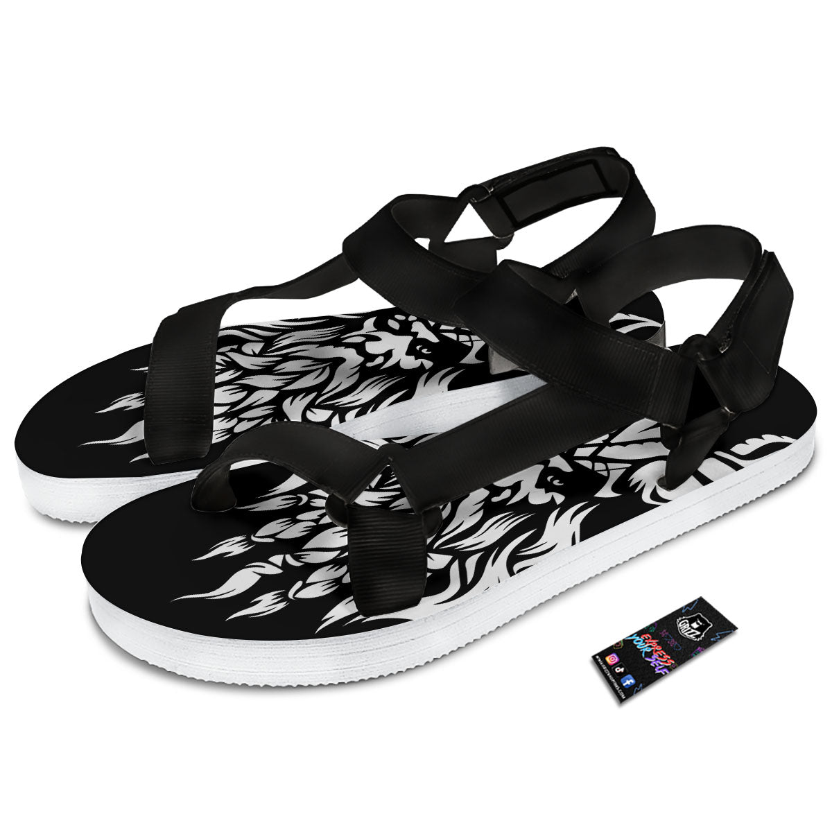 Viking God Odin White And Black Print Black Open Toe Sandals-grizzshop