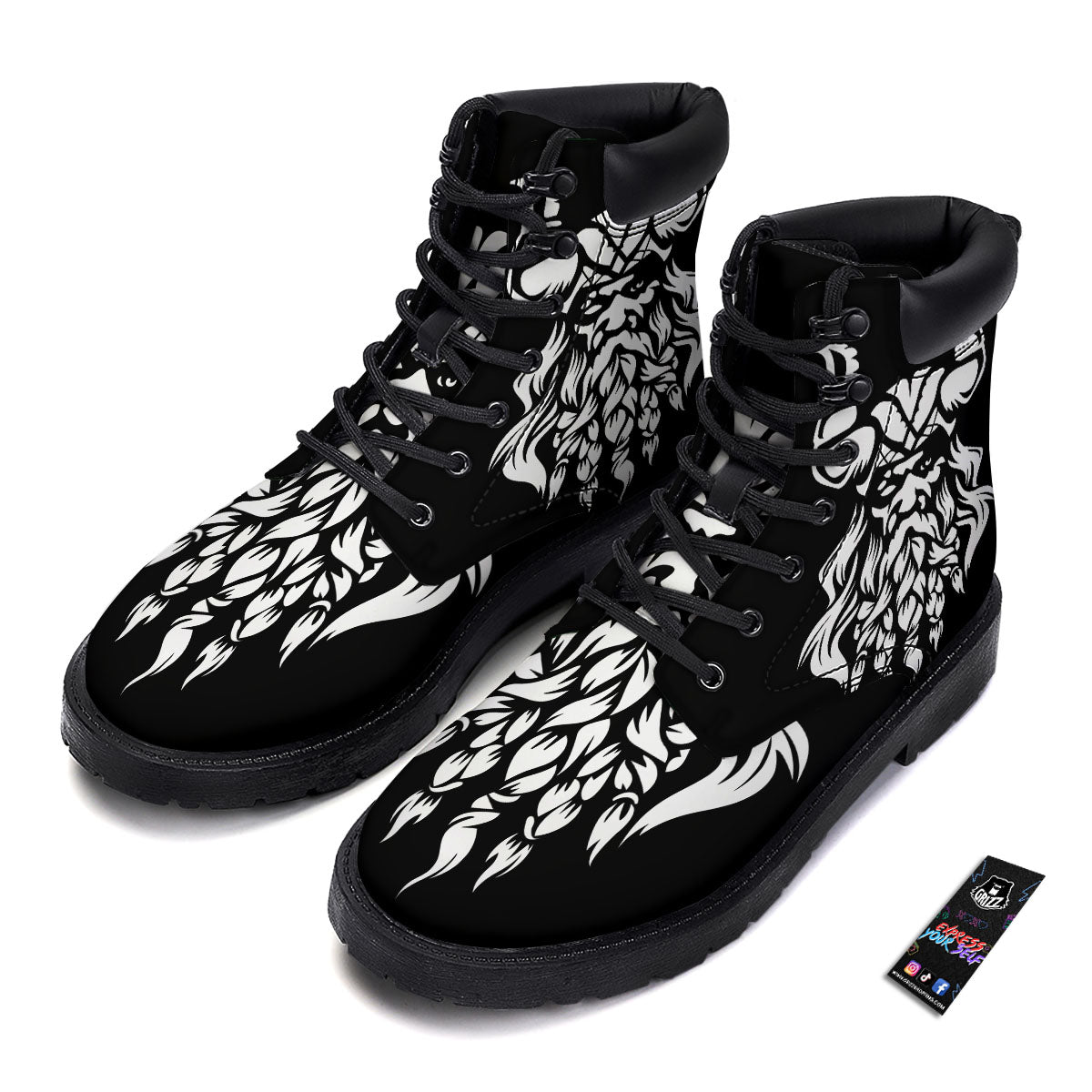 Viking God Odin White And Black Print Boots-grizzshop