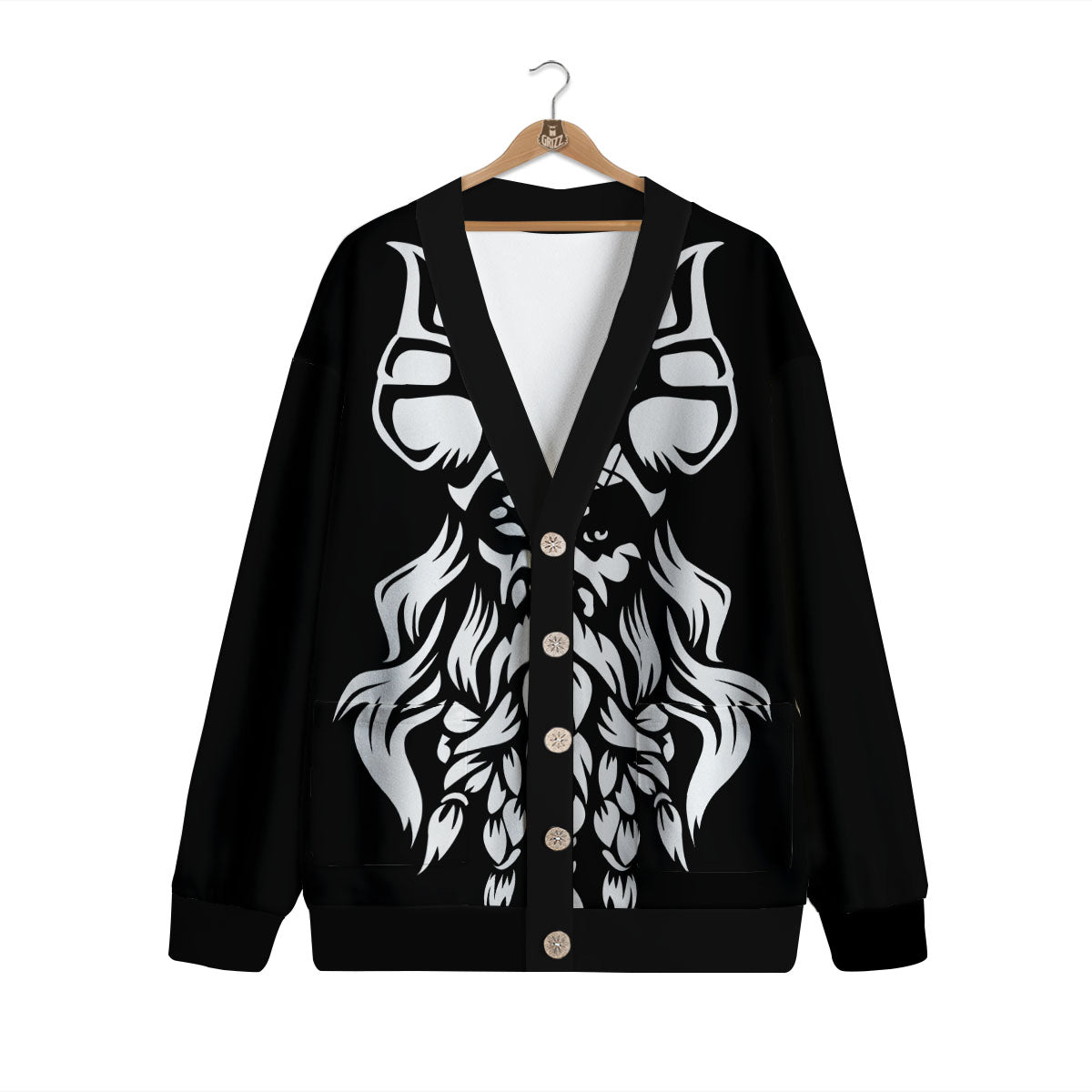 Viking God Odin White And Black Print Cardigan-grizzshop