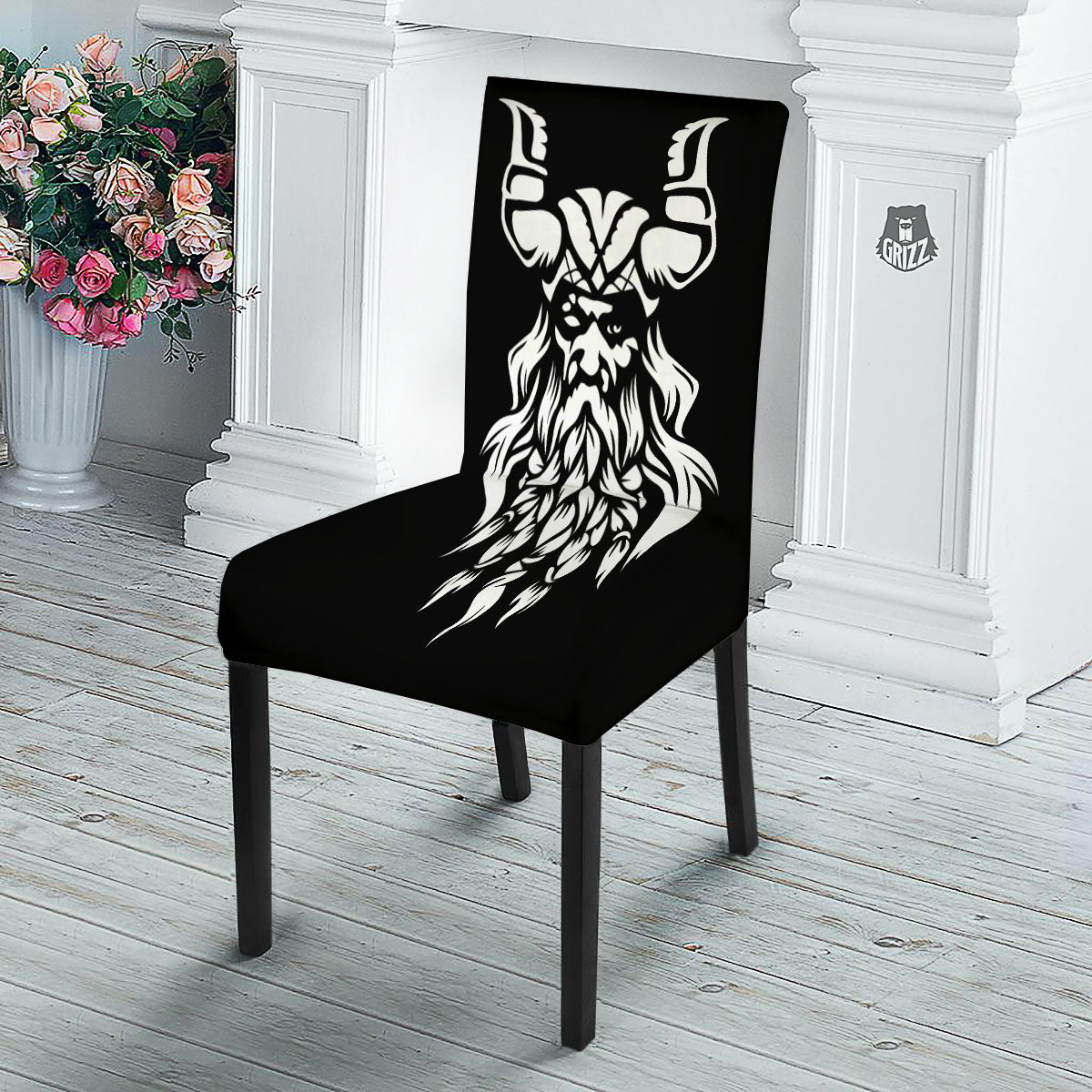 Viking God Odin White And Black Print Dining Chair Slipcover-grizzshop