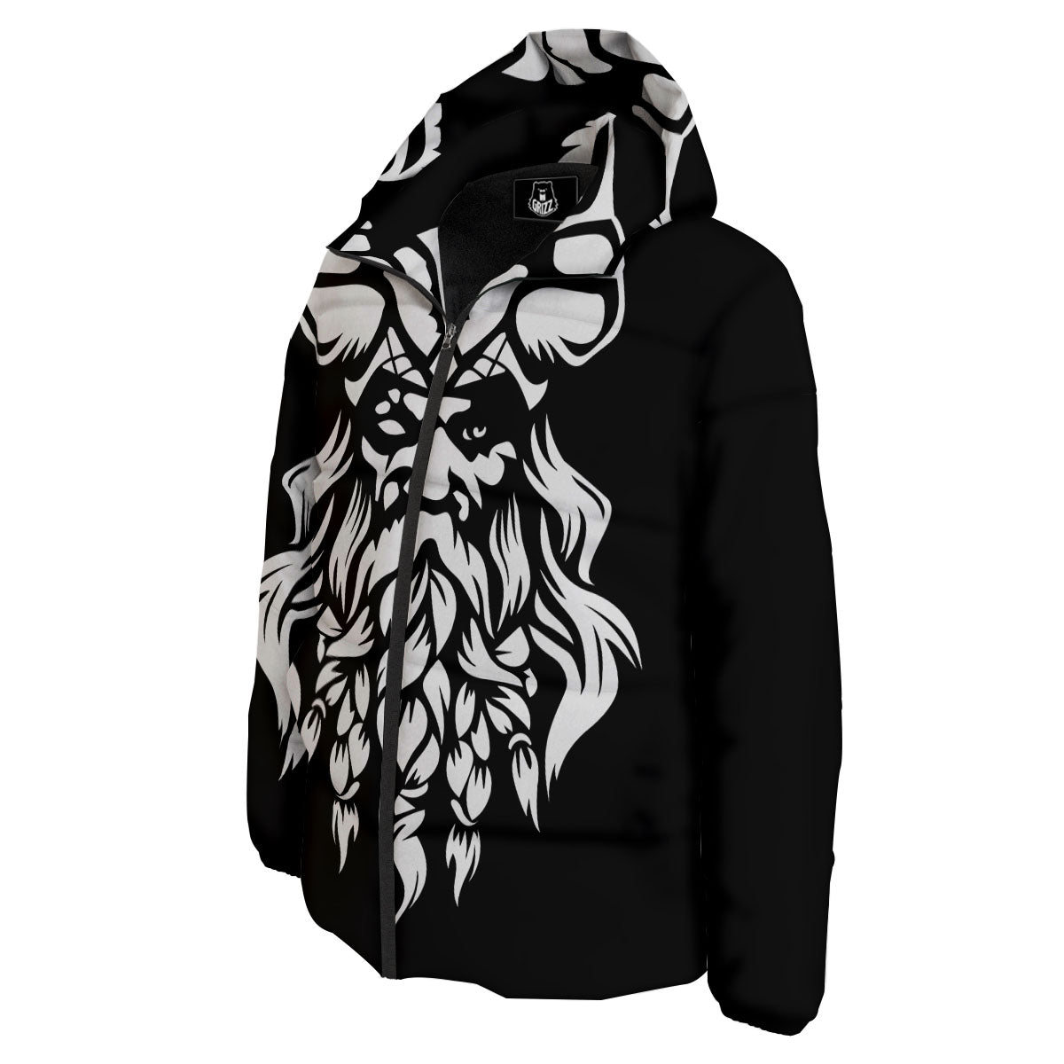 Viking God Odin White And Black Print Down Jacket-grizzshop