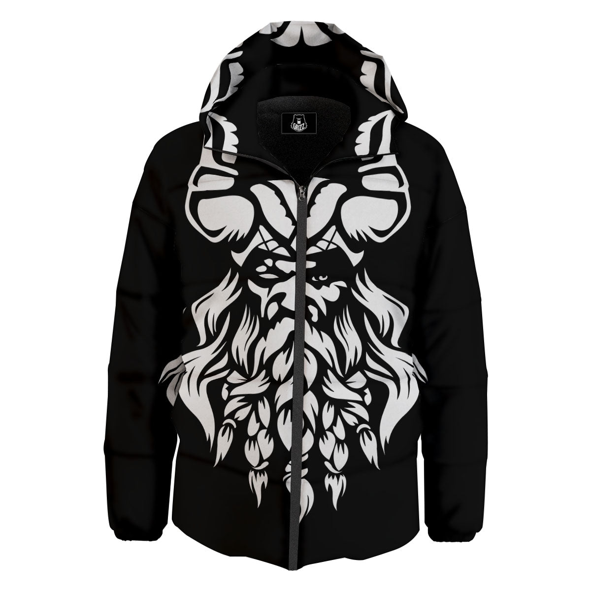 Viking God Odin White And Black Print Down Jacket-grizzshop