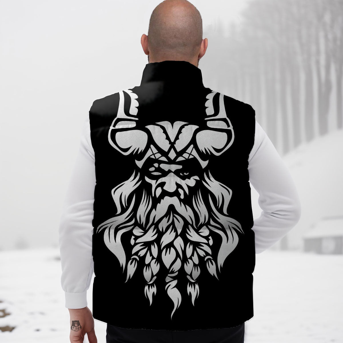 Viking God Odin White And Black Print Down Vest