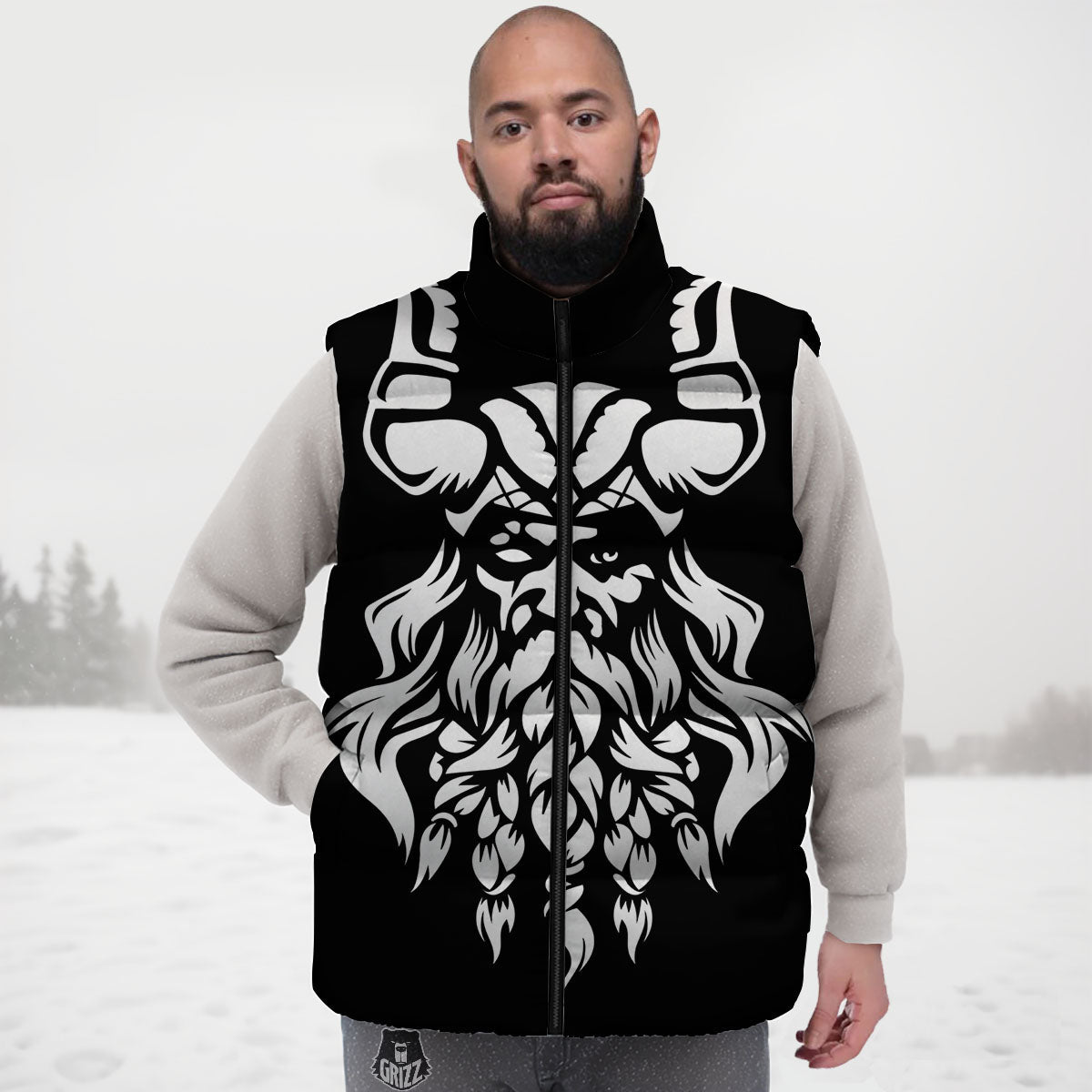 Viking God Odin White And Black Print Down Vest