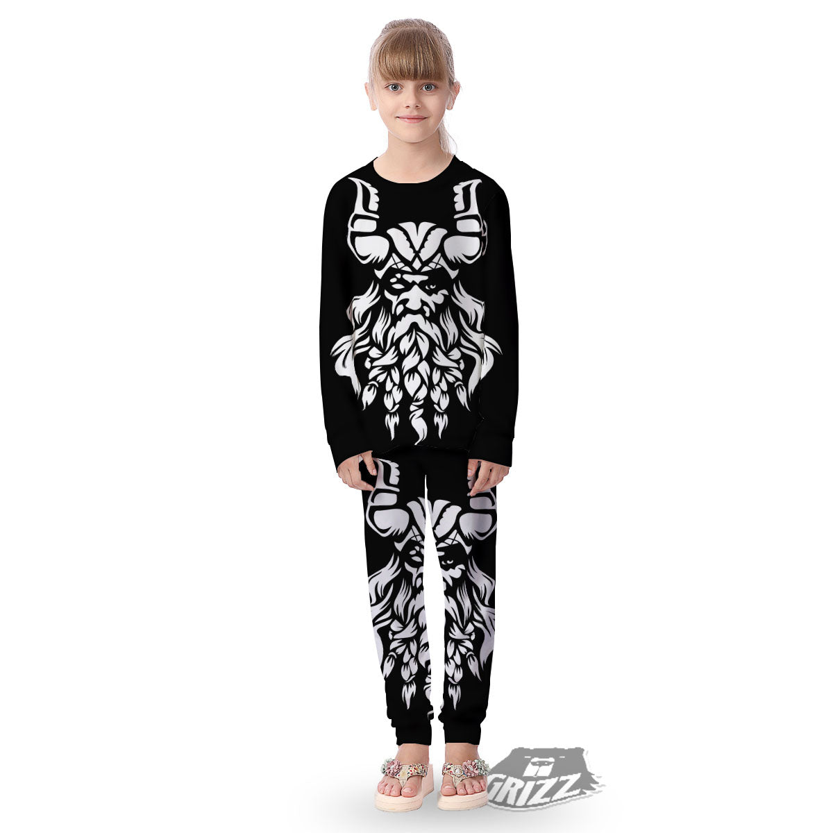 Viking God Odin White And Black Print Kid's Pajamas-grizzshop