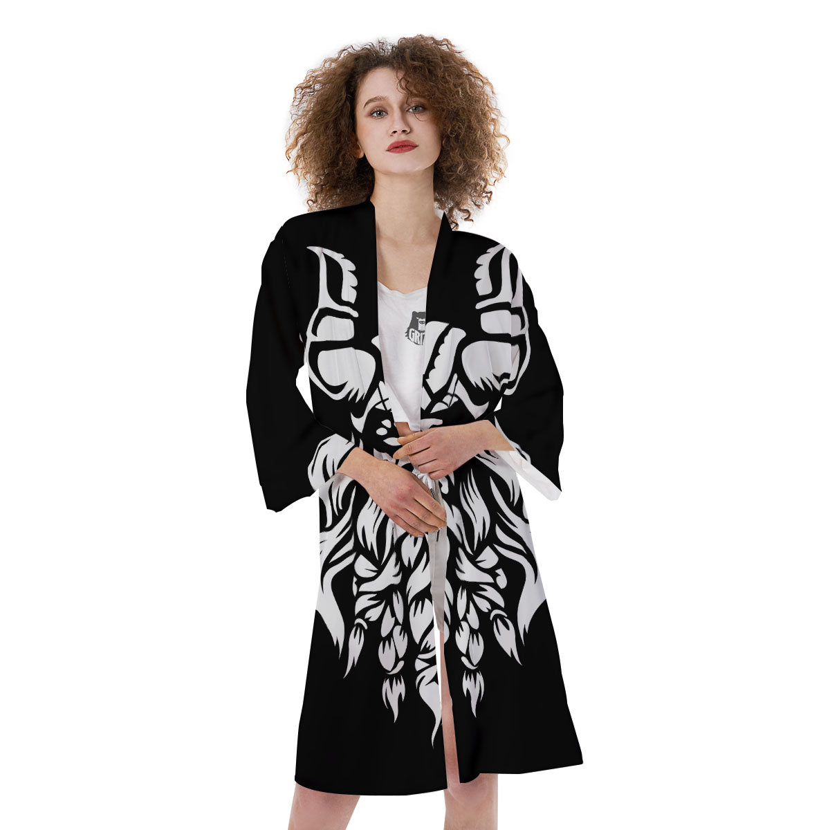 Viking God Odin White And Black Print Kimono-grizzshop