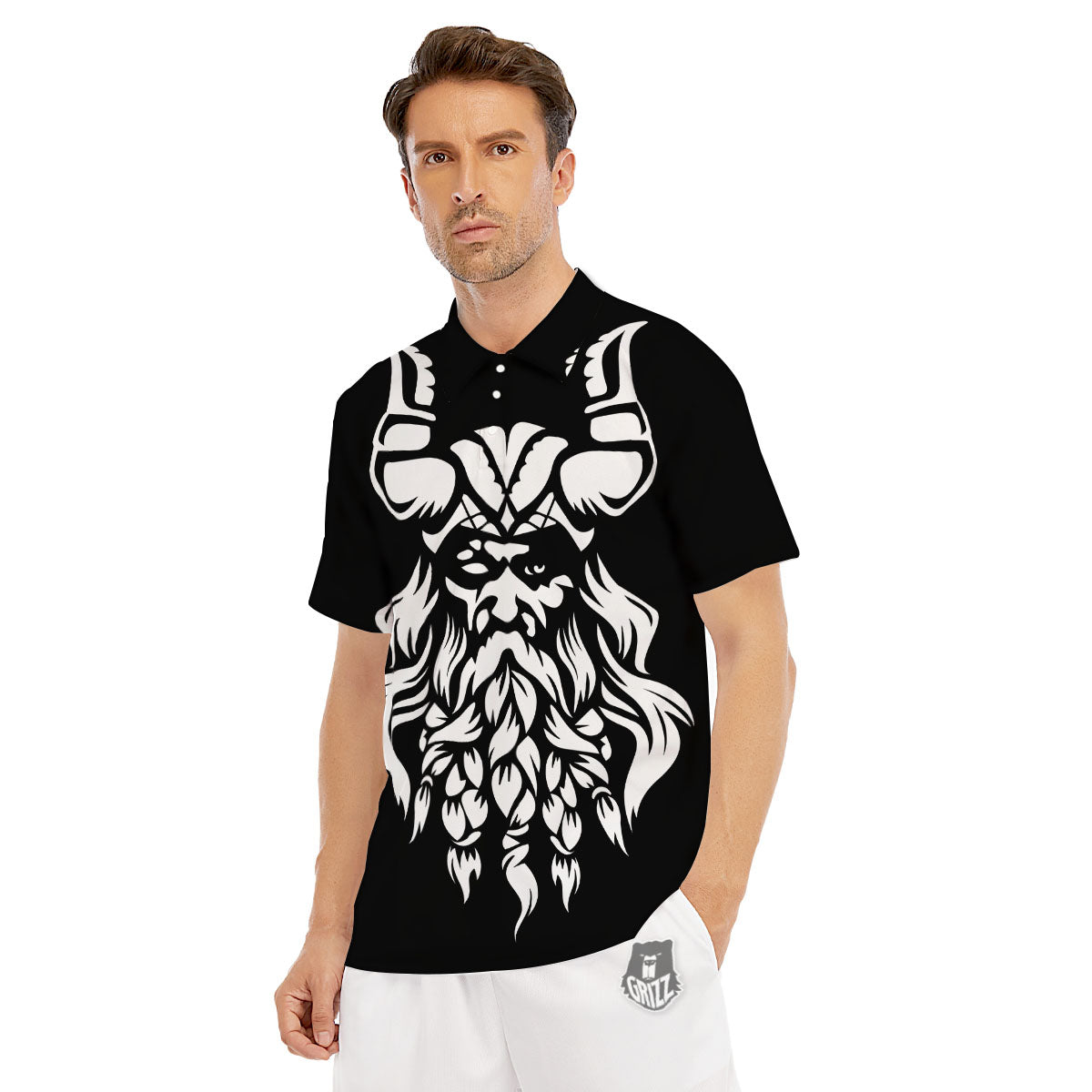 Viking God Odin White And Black Print Men's Golf Shirts-grizzshop