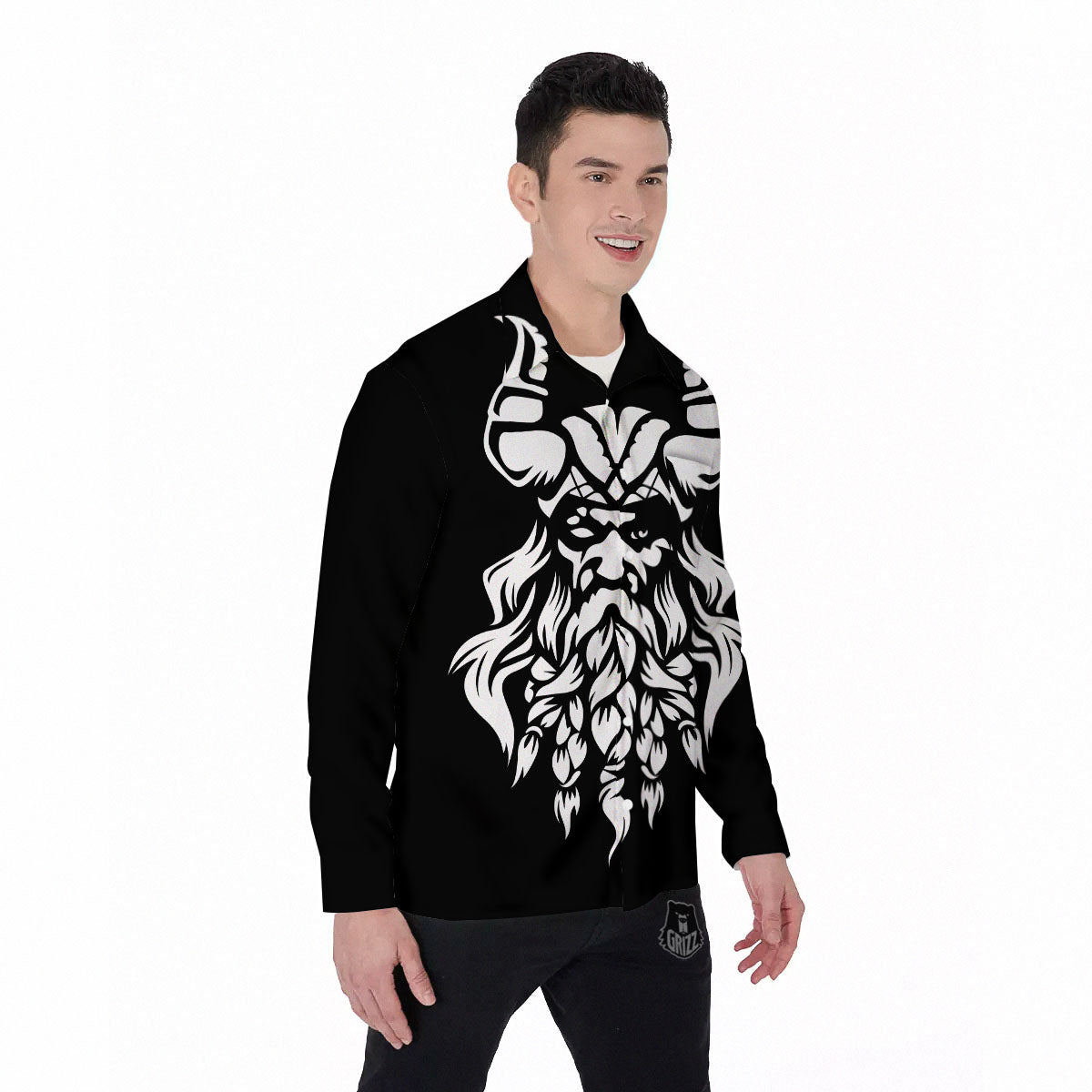 Viking God Odin White And Black Print Men's Long Sleeve Shirts-grizzshop