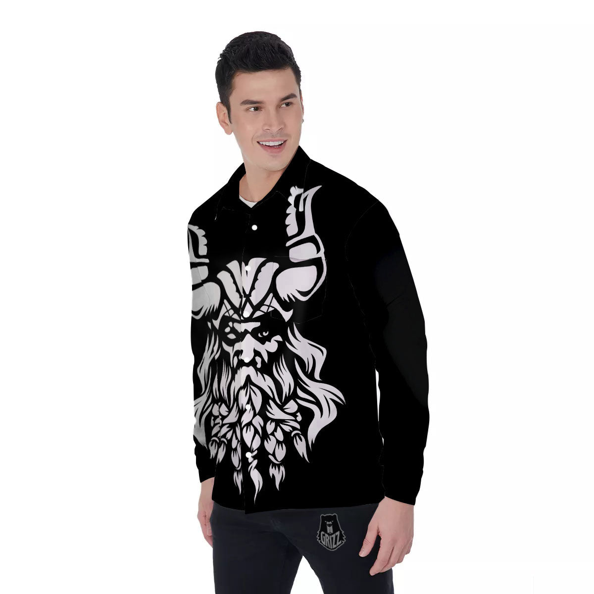 Viking God Odin White And Black Print Men's Long Sleeve Shirts-grizzshop
