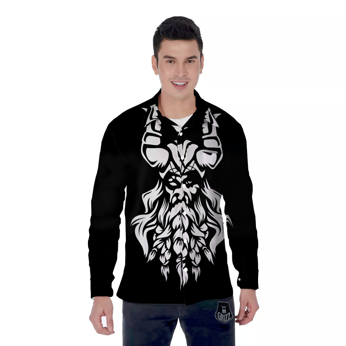 Viking God Odin White And Black Print Men's Long Sleeve Shirts-grizzshop