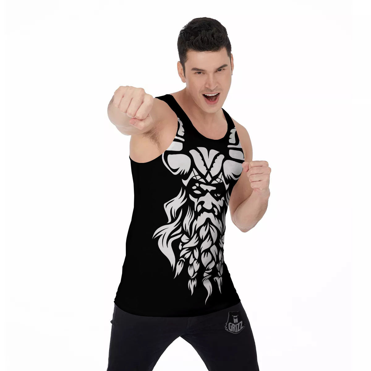 Viking God Odin White And Black Print Men's Tank Top-grizzshop