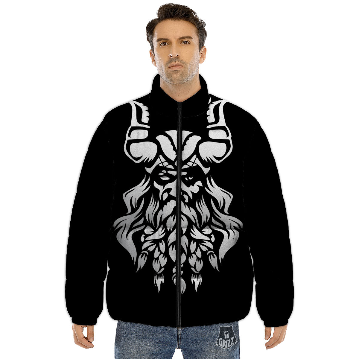 Viking God Odin White And Black Print Puffer Jacket-grizzshop