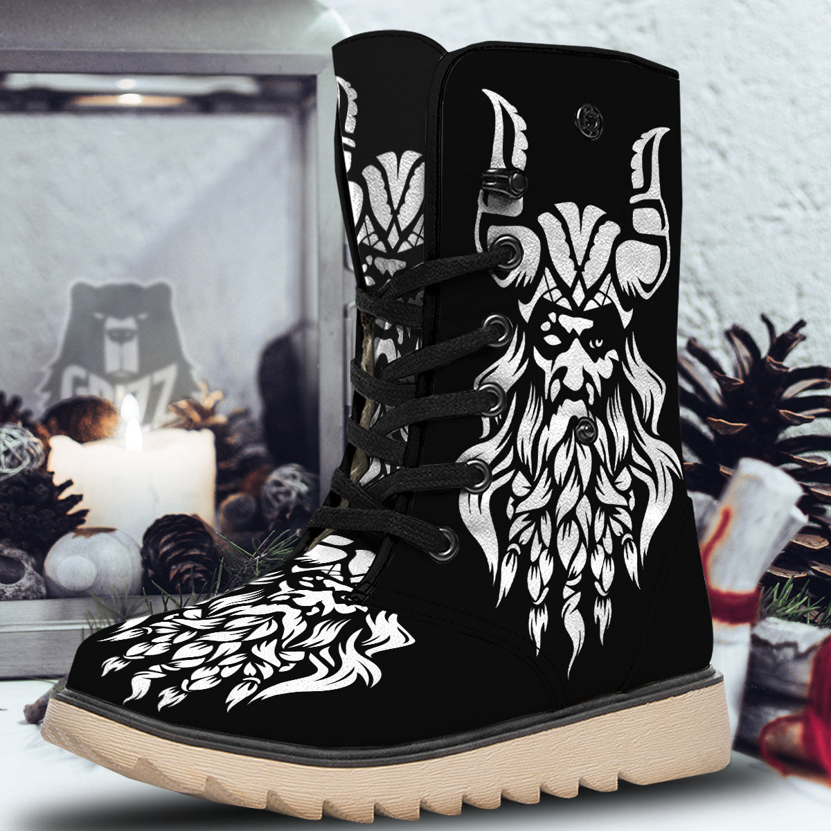 Viking God Odin White And Black Print Snow Boots-grizzshop