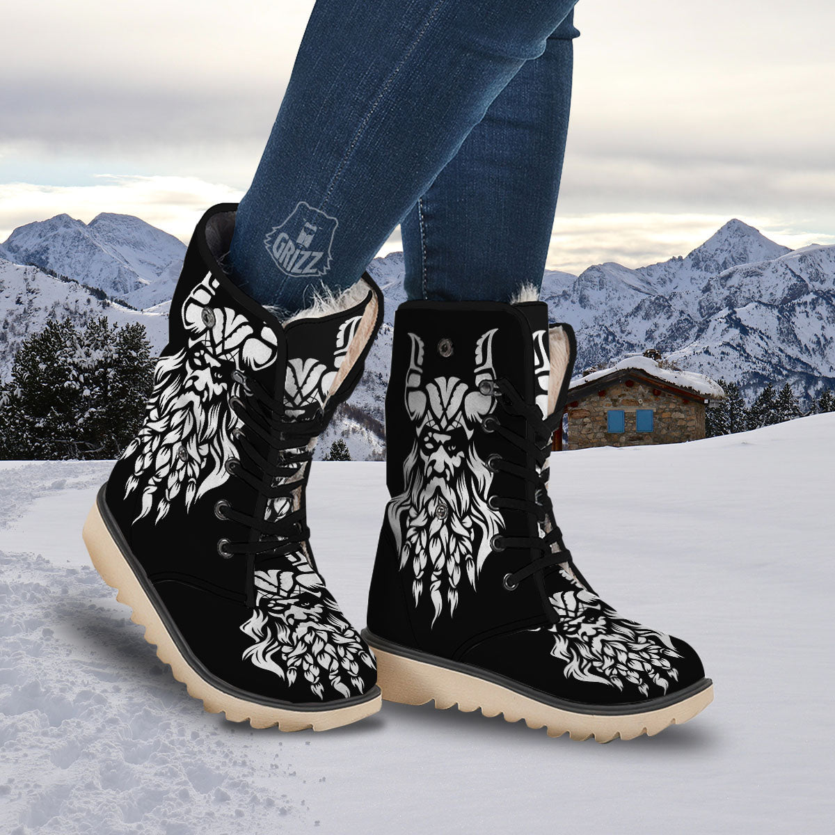 Viking God Odin White And Black Print Snow Boots-grizzshop