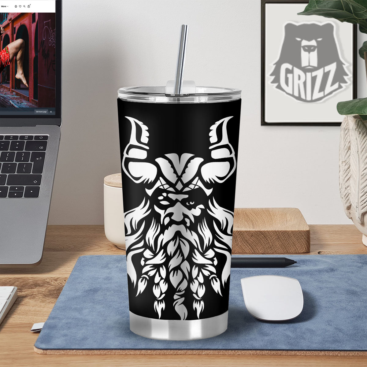 Viking God Odin White And Black Print Tumbler-grizzshop