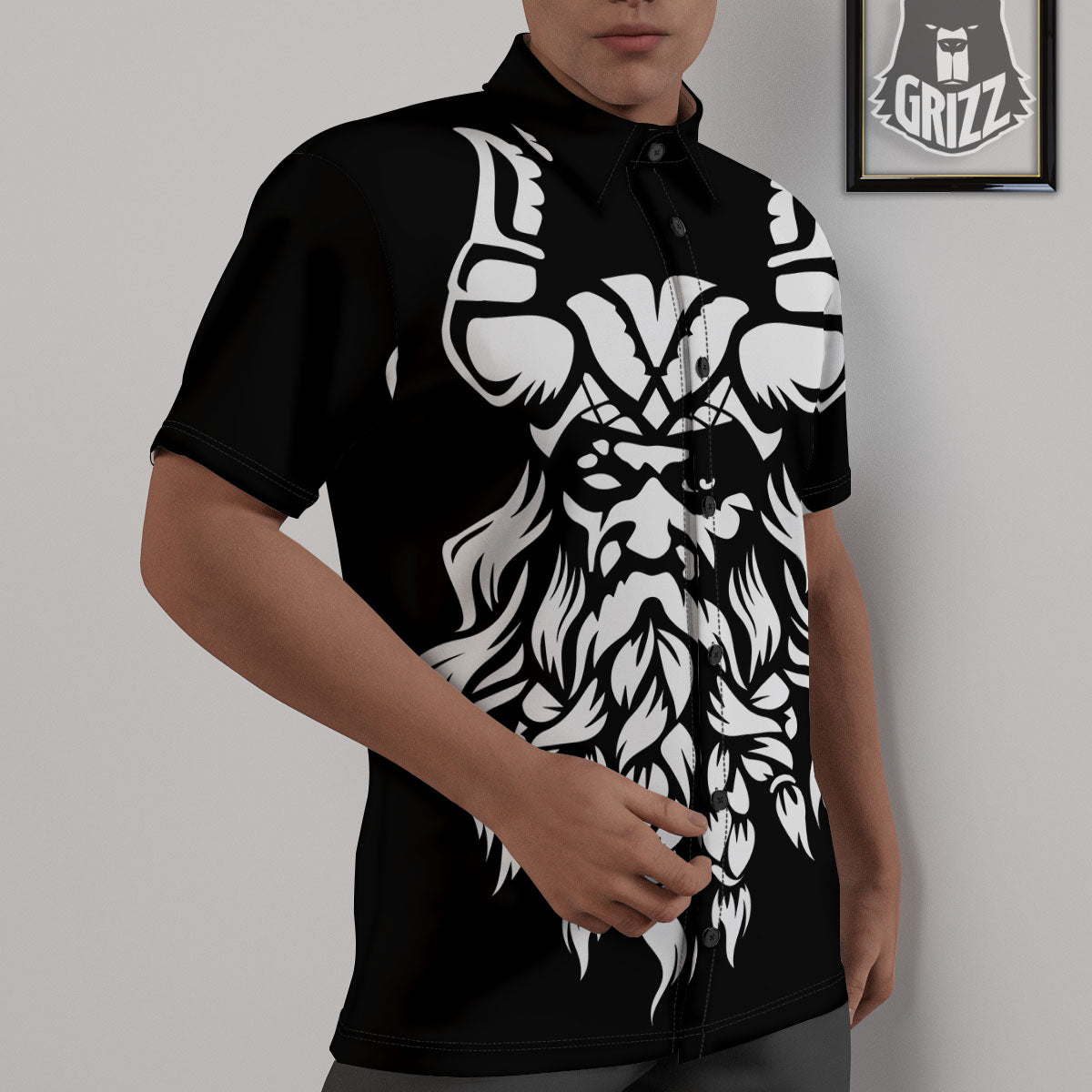 Viking God Odin White And Black Print Untucked Shirts-grizzshop