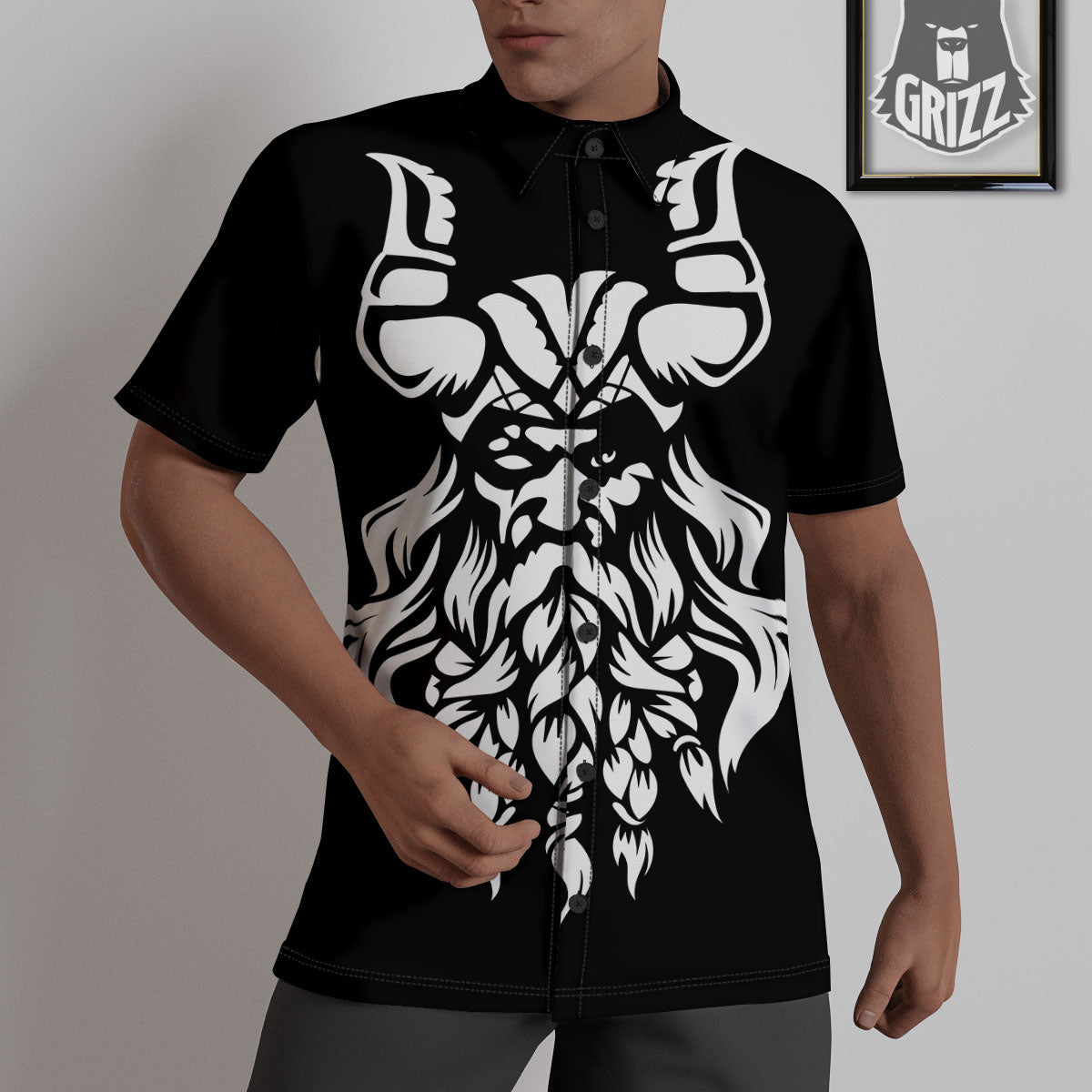 Viking God Odin White And Black Print Untucked Shirts-grizzshop