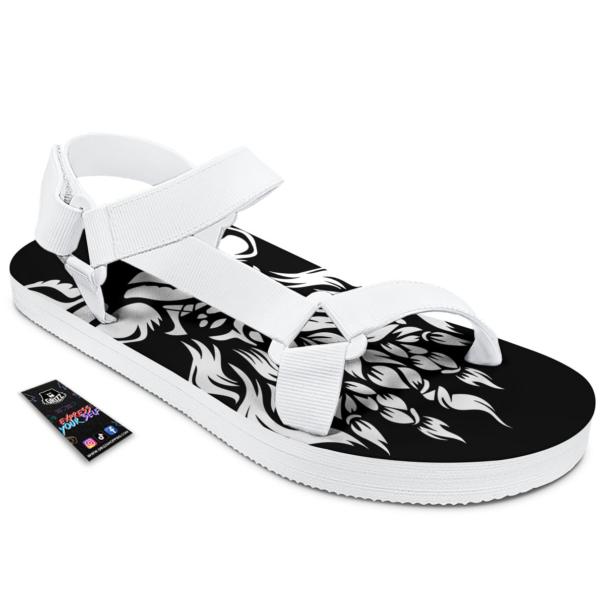 Viking God Odin White And Black Print White Open Toe Sandals-grizzshop
