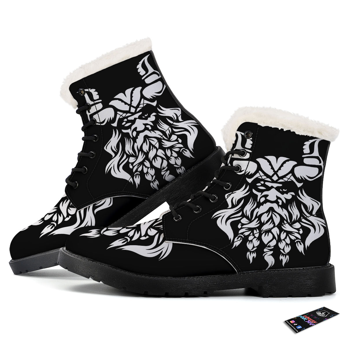 Viking God Odin White And Black Print Winter Boots-grizzshop