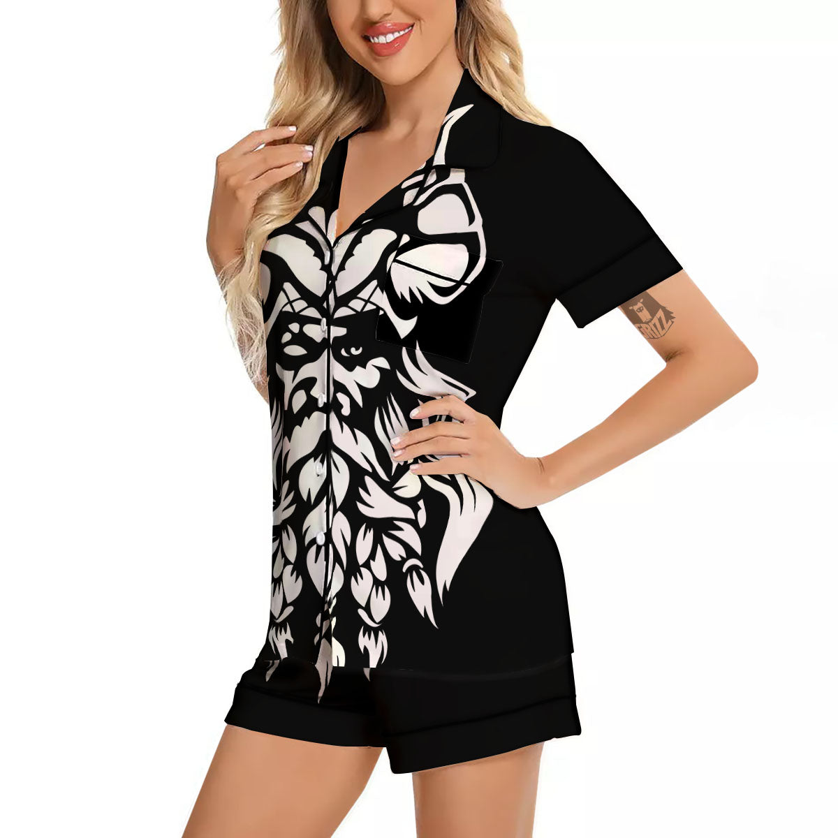 Viking God Odin White And Black Print Women Silk Pajamas-grizzshop