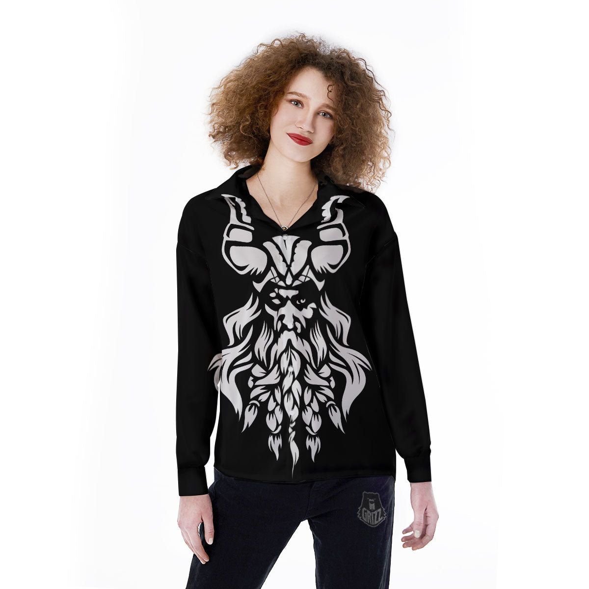 Viking God Odin White And Black Print Women's Long Sleeve Shirts-grizzshop