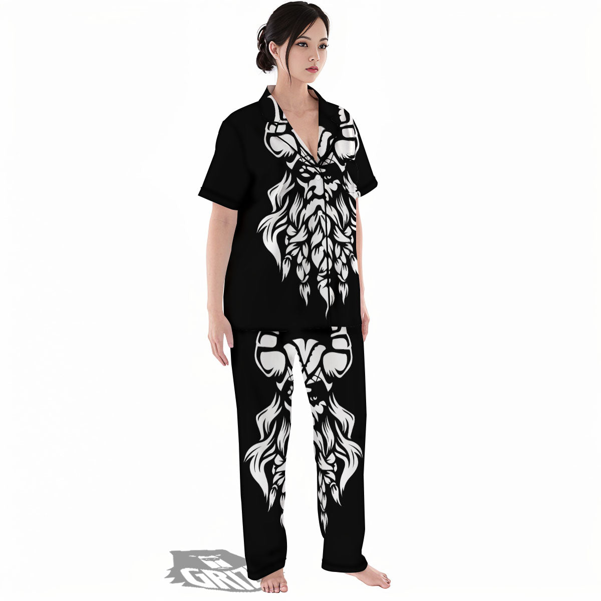 Viking God Odin White And Black Print Women's Pajamas Set-grizzshop
