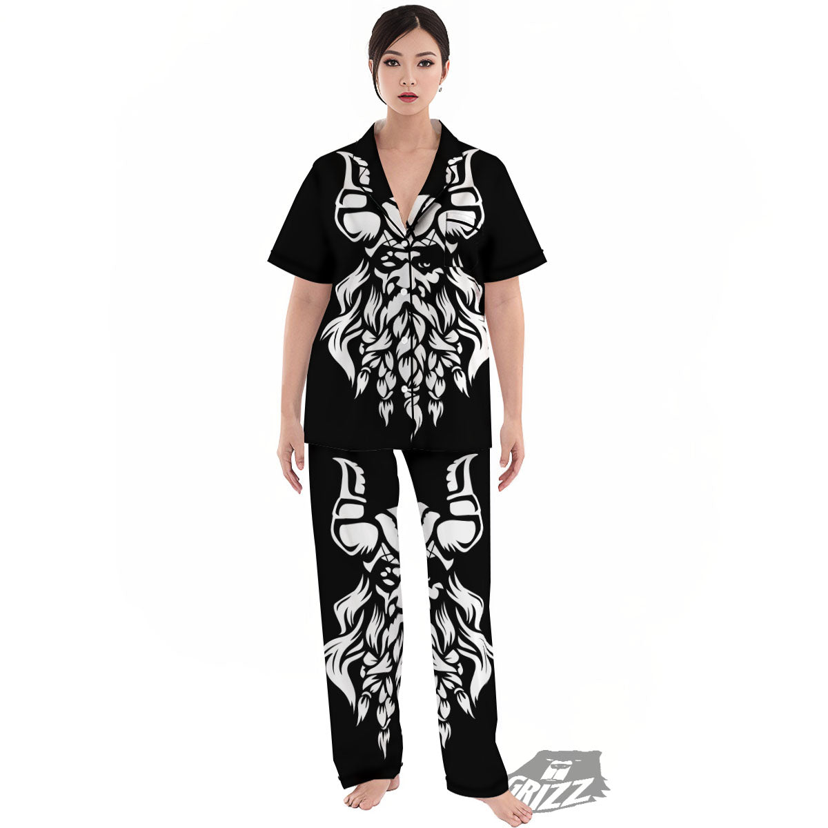 Viking God Odin White And Black Print Women's Pajamas Set-grizzshop