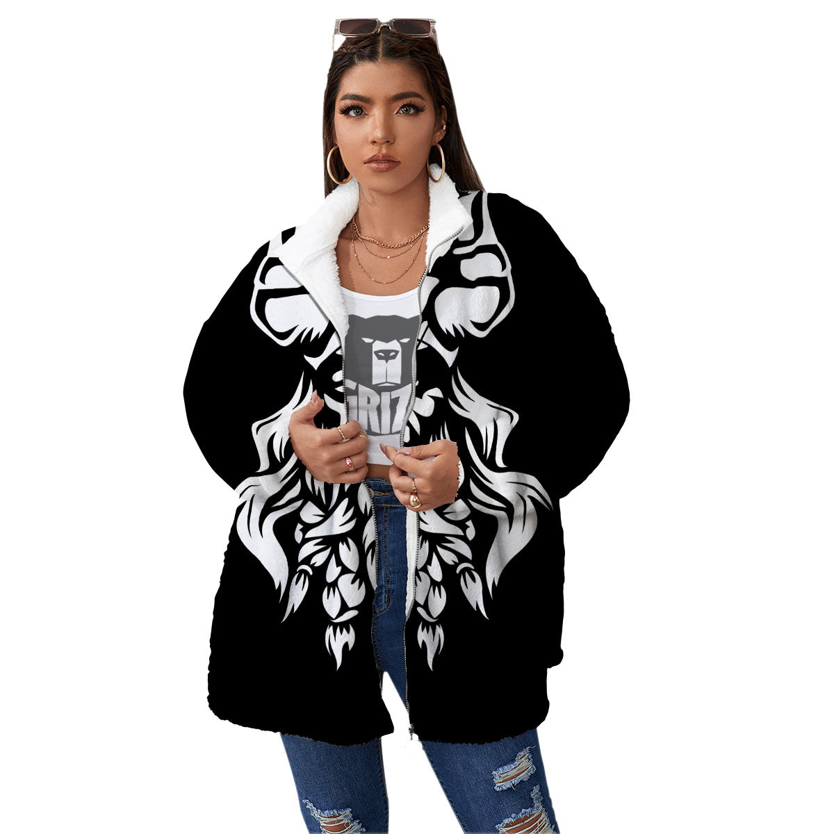 Viking God Odin White And Black Print Women's Sherpa Jacket-grizzshop