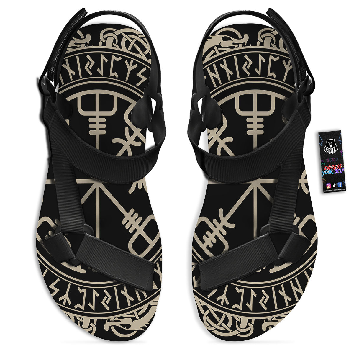 Viking Helm Of Terror Scandinavian Print Black Open Toe Sandals-grizzshop
