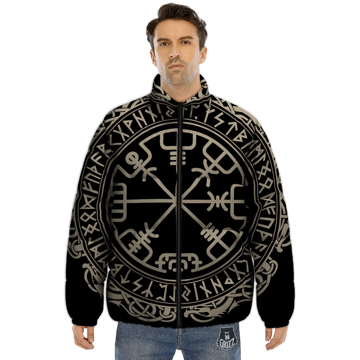 Viking Helm Of Terror Scandinavian Print Puffer Jacket-grizzshop