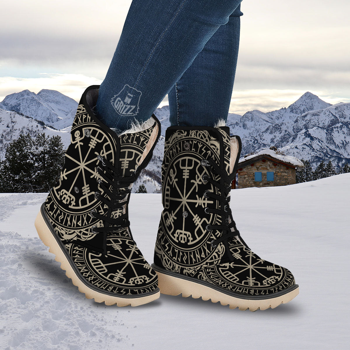 Viking Helm Of Terror Scandinavian Print Snow Boots-grizzshop