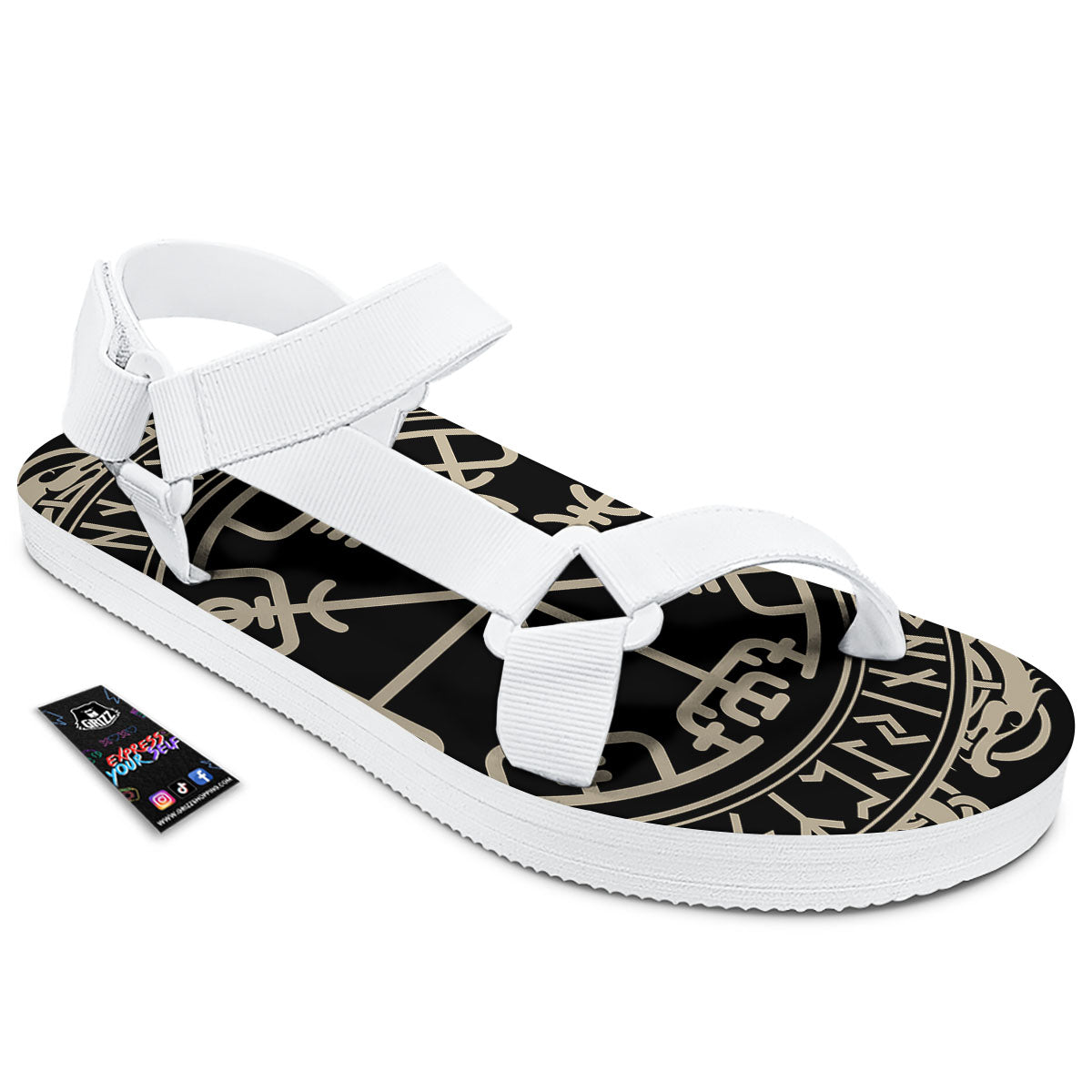 Viking Helm Of Terror Scandinavian Print White Open Toe Sandals-grizzshop