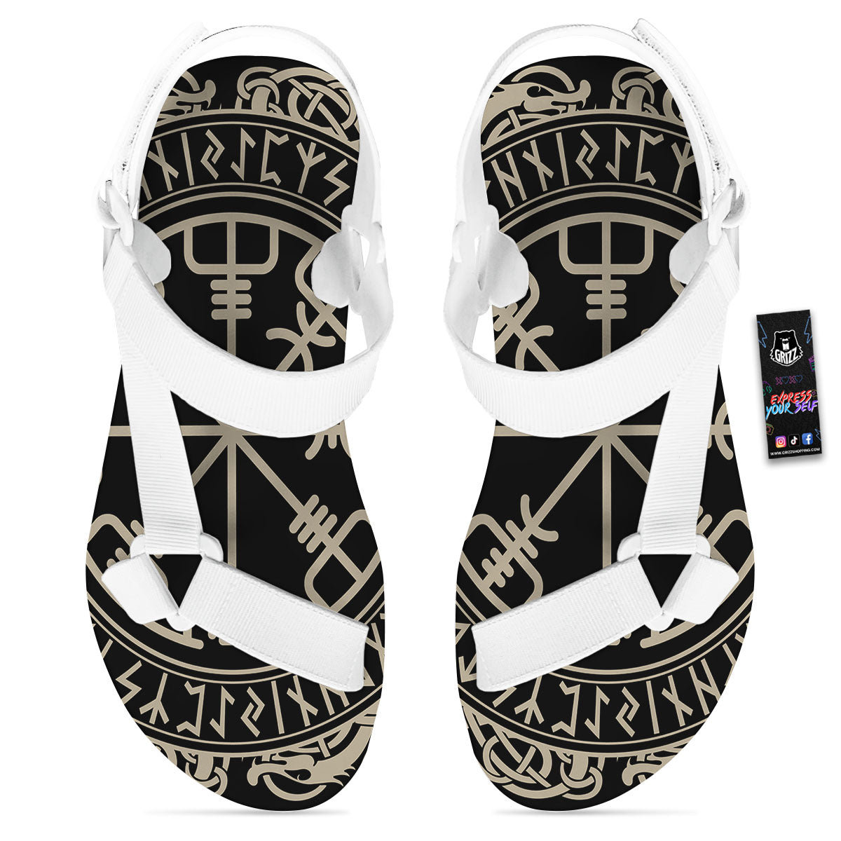 Viking Helm Of Terror Scandinavian Print White Open Toe Sandals-grizzshop