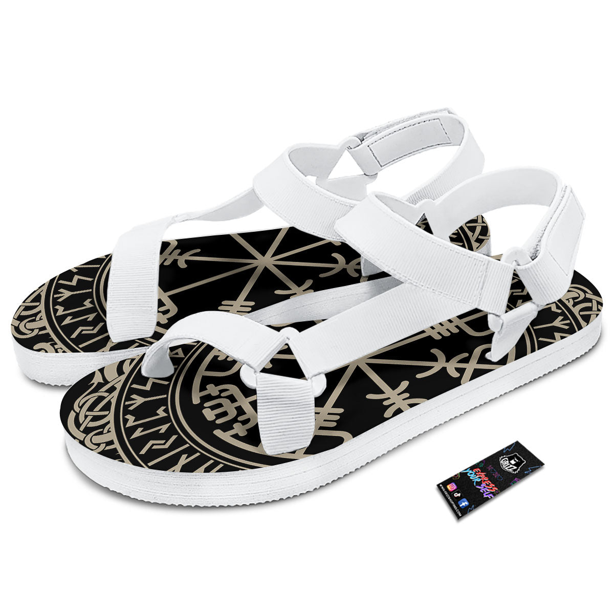 Viking Helm Of Terror Scandinavian Print White Open Toe Sandals-grizzshop