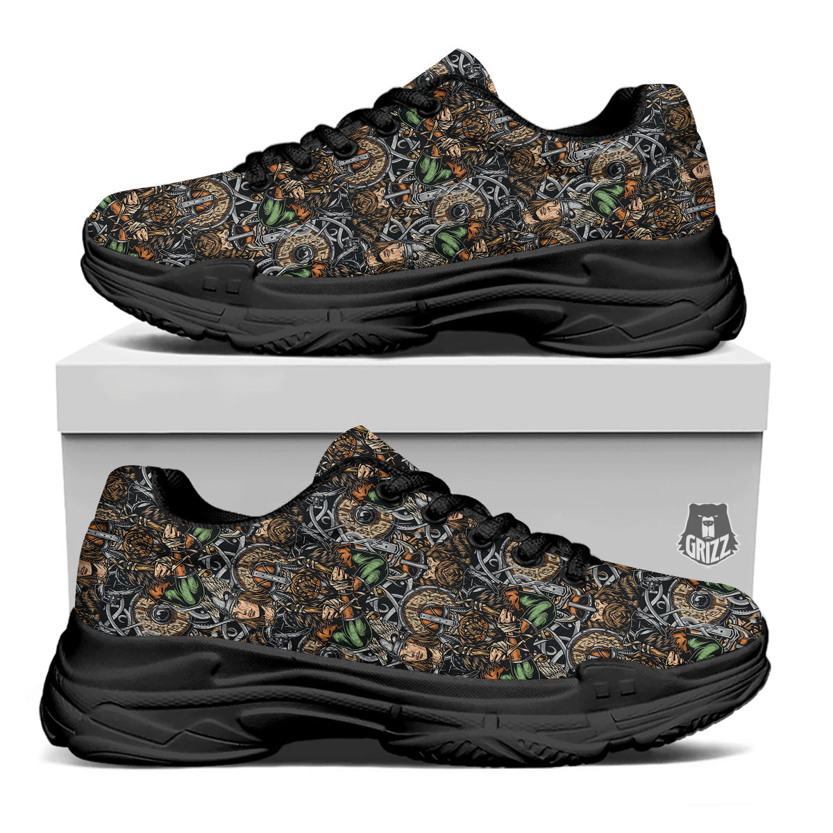 Viking Nordic Warriors Print Pattern Black Chunky Shoes-grizzshop