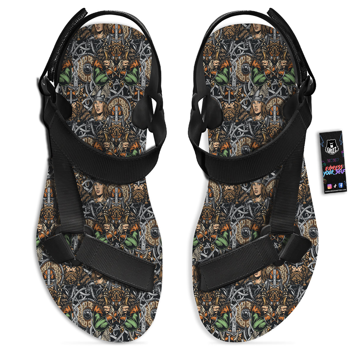 Viking Nordic Warriors Print Pattern Black Open Toe Sandals-grizzshop