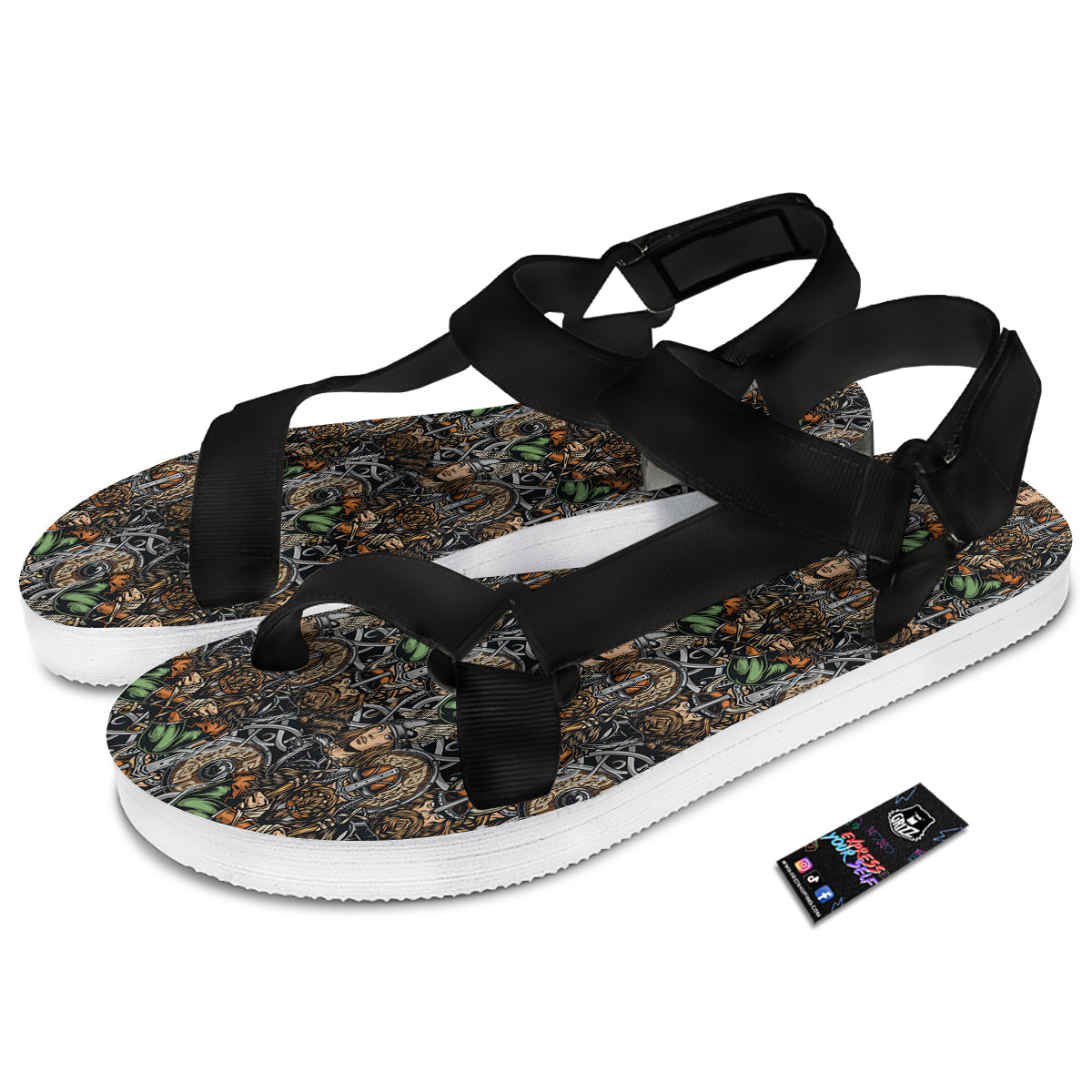 Viking Nordic Warriors Print Pattern Black Open Toe Sandals-grizzshop