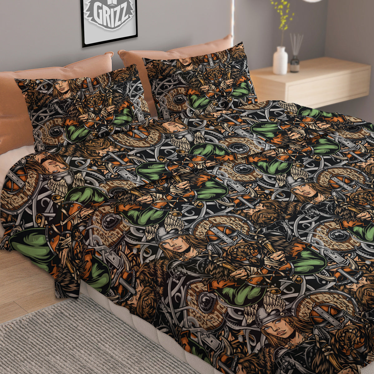 Viking Nordic Warriors Print Pattern Duvet Cover Bedding Set
