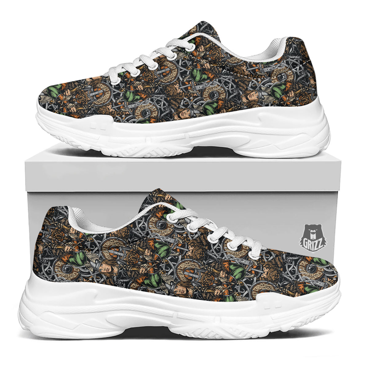 Viking Nordic Warriors Print Pattern White Chunky Shoes-grizzshop
