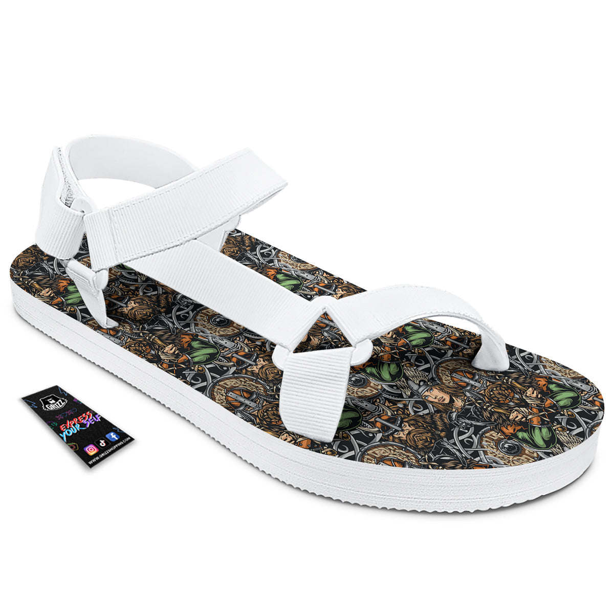 Viking Nordic Warriors Print Pattern White Open Toe Sandals-grizzshop