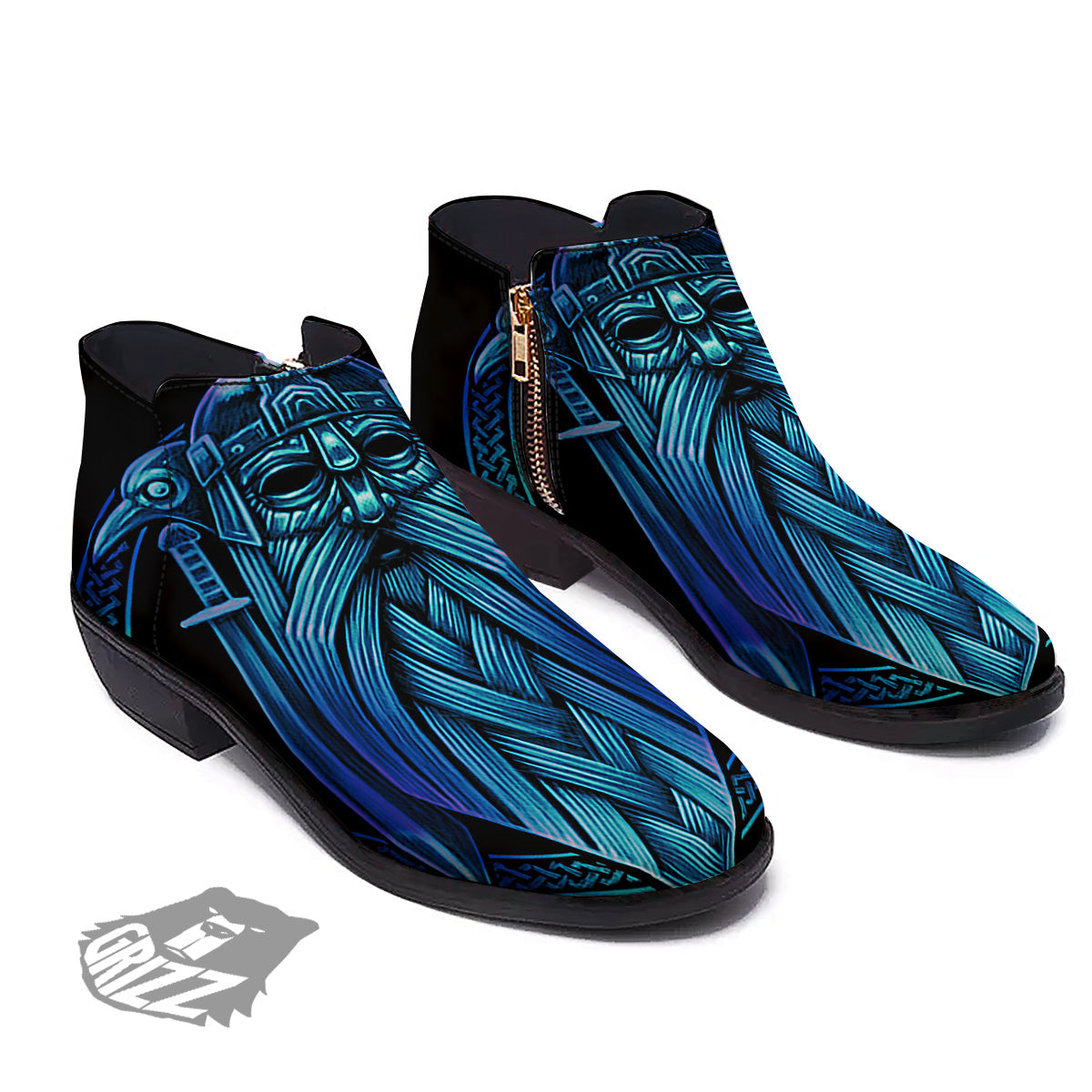 Viking Norse God Odin Blue Print Ankle Boots-grizzshop