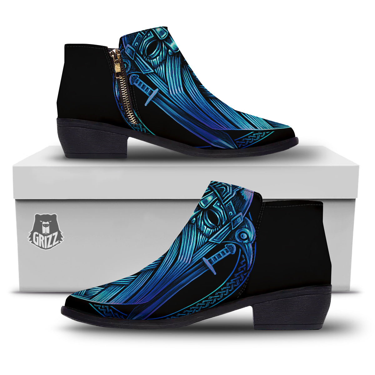 Viking Norse God Odin Blue Print Ankle Boots-grizzshop